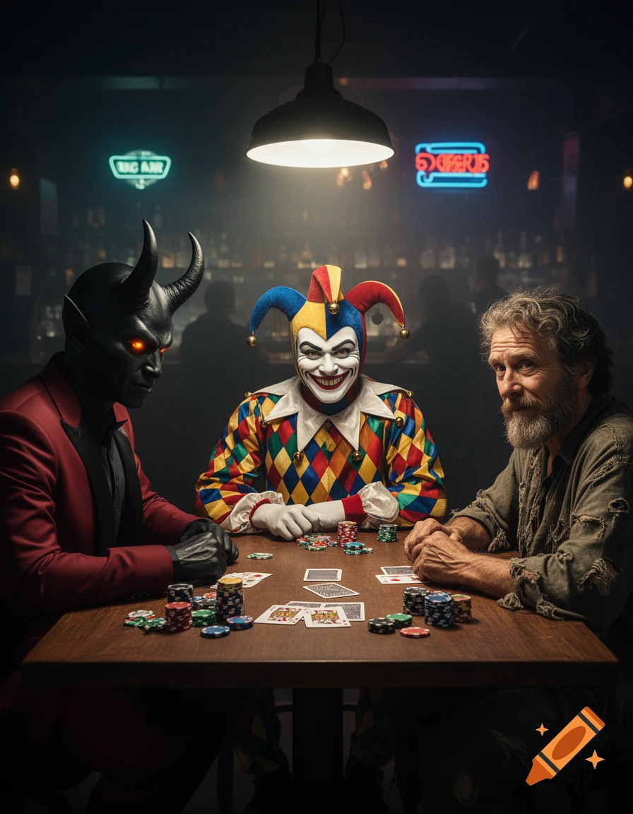 A devil in a red suit, a jester, and a scruffy old man with a beard play poker at a wooden table in a dimly lit bar with neon signs in the background, photorealistic style.
