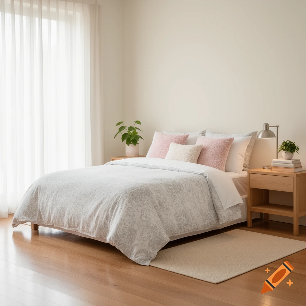A bright, modern bedroom featuring a bed with a patterned duvet, pink and white pillows, wooden nightstands, plants, and a sheer curtain.
