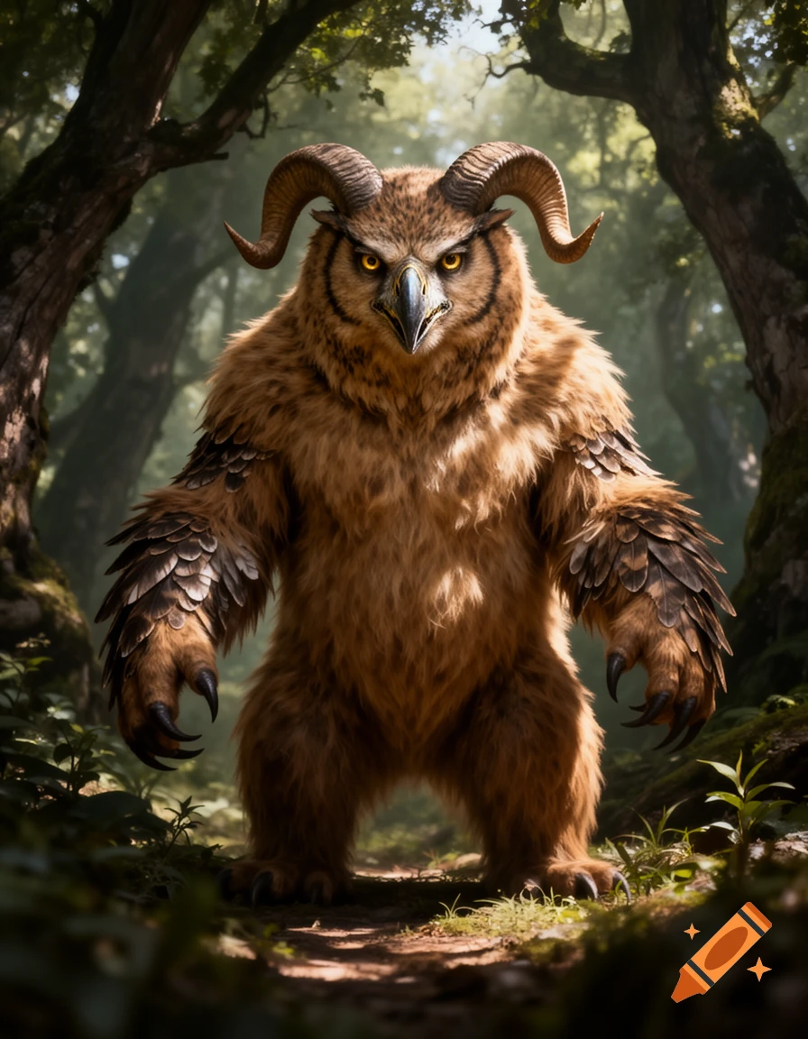 A large, brown, furry owlbear-like creature with ram horns stands on a forest path, looking forward with glowing yellow eyes. Photorealistic style.