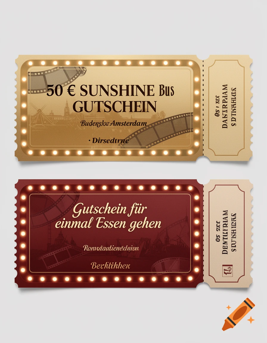 Two stylized vintage-style vouchers with glowing light bulbs, one gold for a bus trip, one red for a meal.