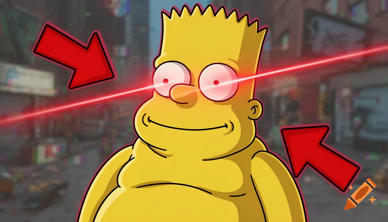 A fat, bloated Bart Simpson with glowing red laser eyes, flanked by two large red arrows, against a blurry city background.