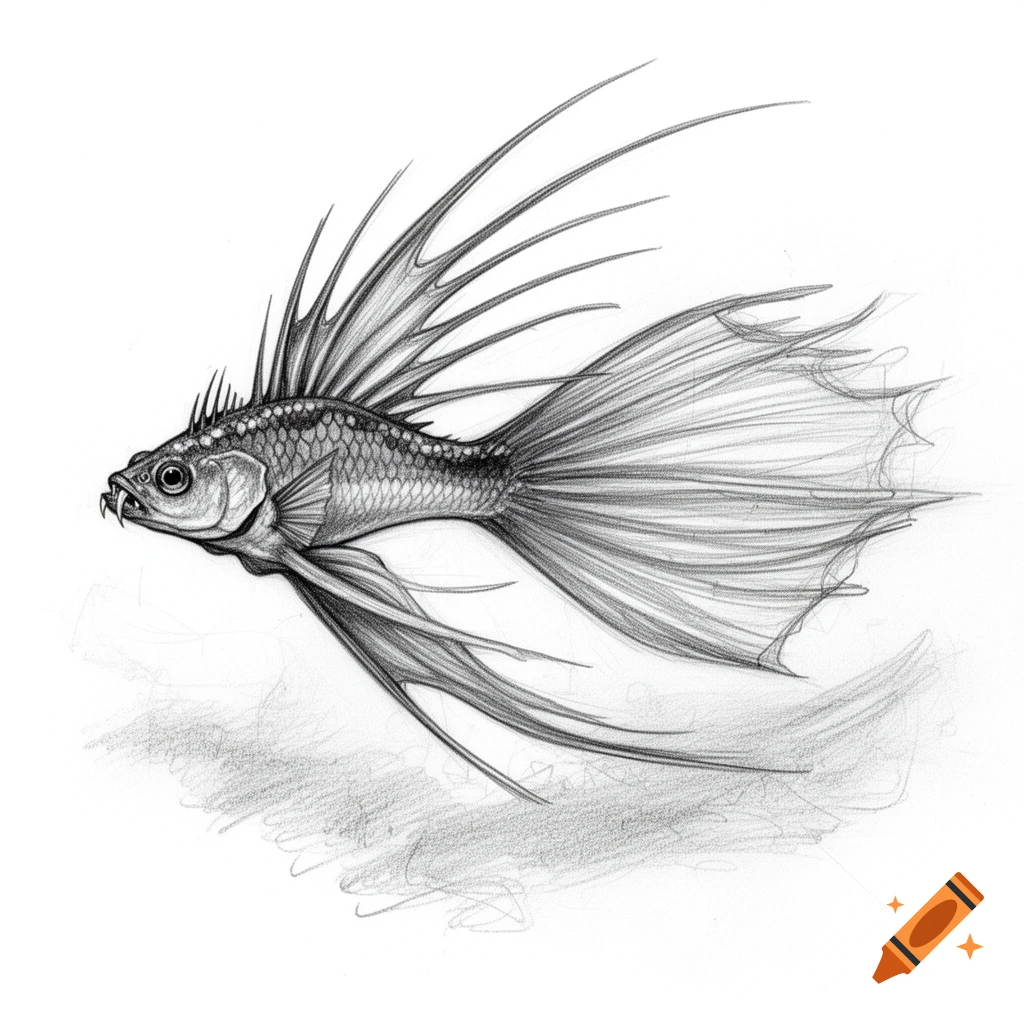 Pencil sketch of a fantastical fish with fangs, spiky dorsal fins, long flowing pectoral fins, and a large betta-like tail.