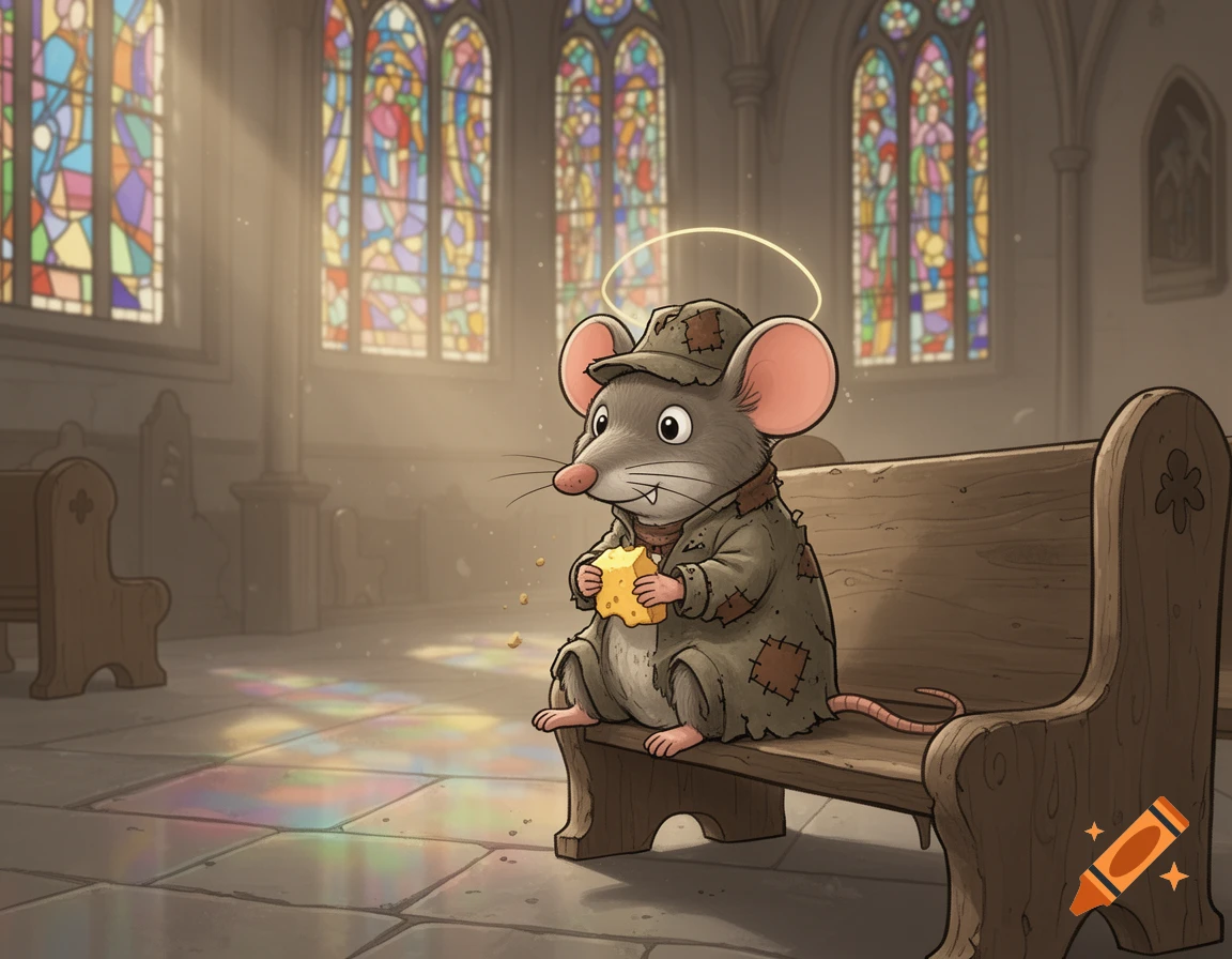 A cartoon mouse with a halo sits on a church pew, eating a block of cheese. Sunlight streams through stained glass windows.