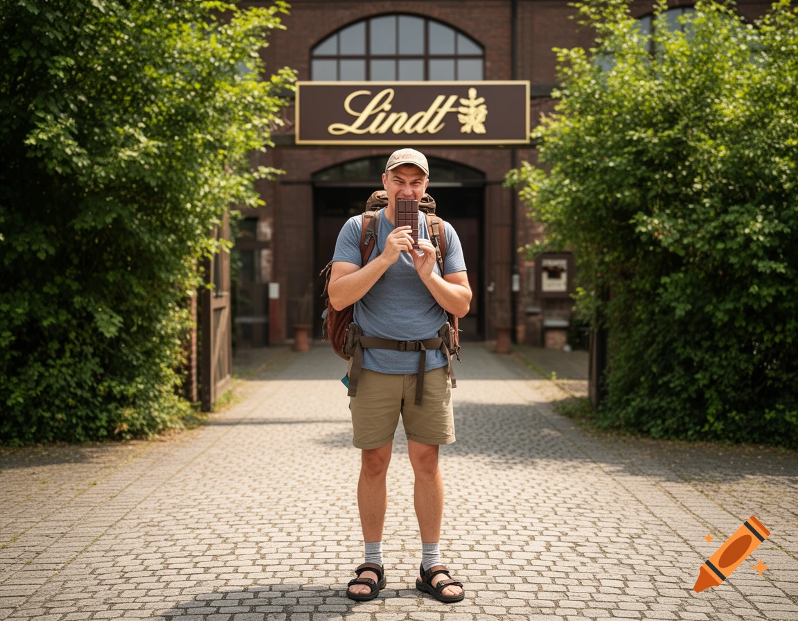 A man in a cap and backpack happily holds a chocolate bar in front of a Lindt factory building.