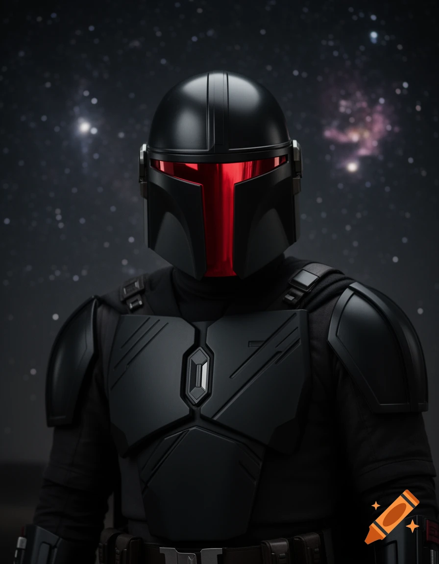 A person in sleek black Mandalorian-style armor with a red visor stands against a backdrop of a starry night sky.