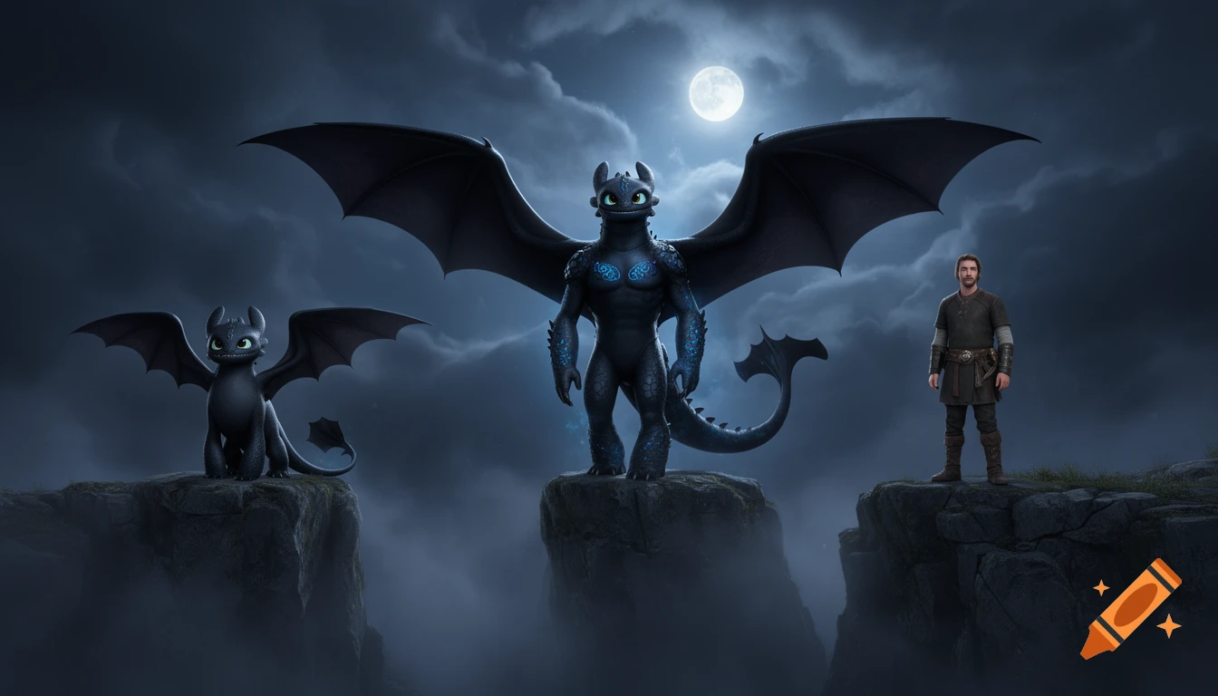 A cinematic fantasy scene showing a young Night Fury, a muscular adult Night Fury, and a human male on rocky cliffs at night under a full moon.