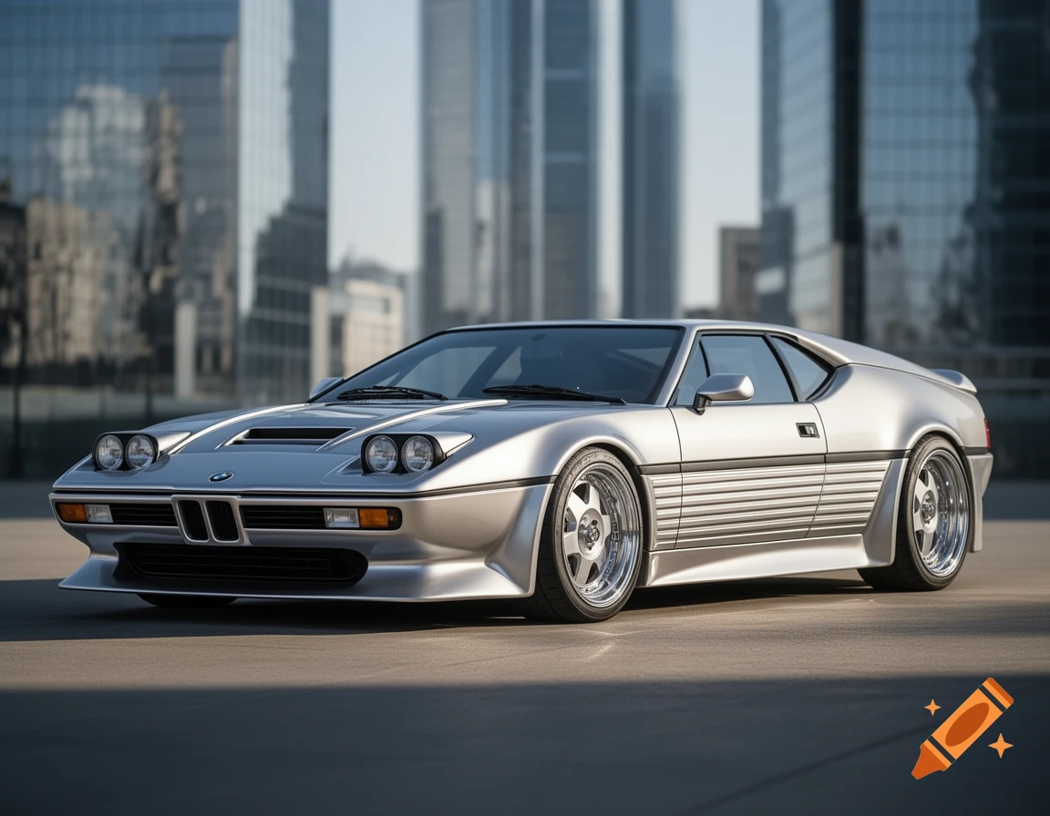 A sleek silver sports car, a fusion of a BMW M1 and TVR Sagaris, parked in front of modern city skyscrapers.