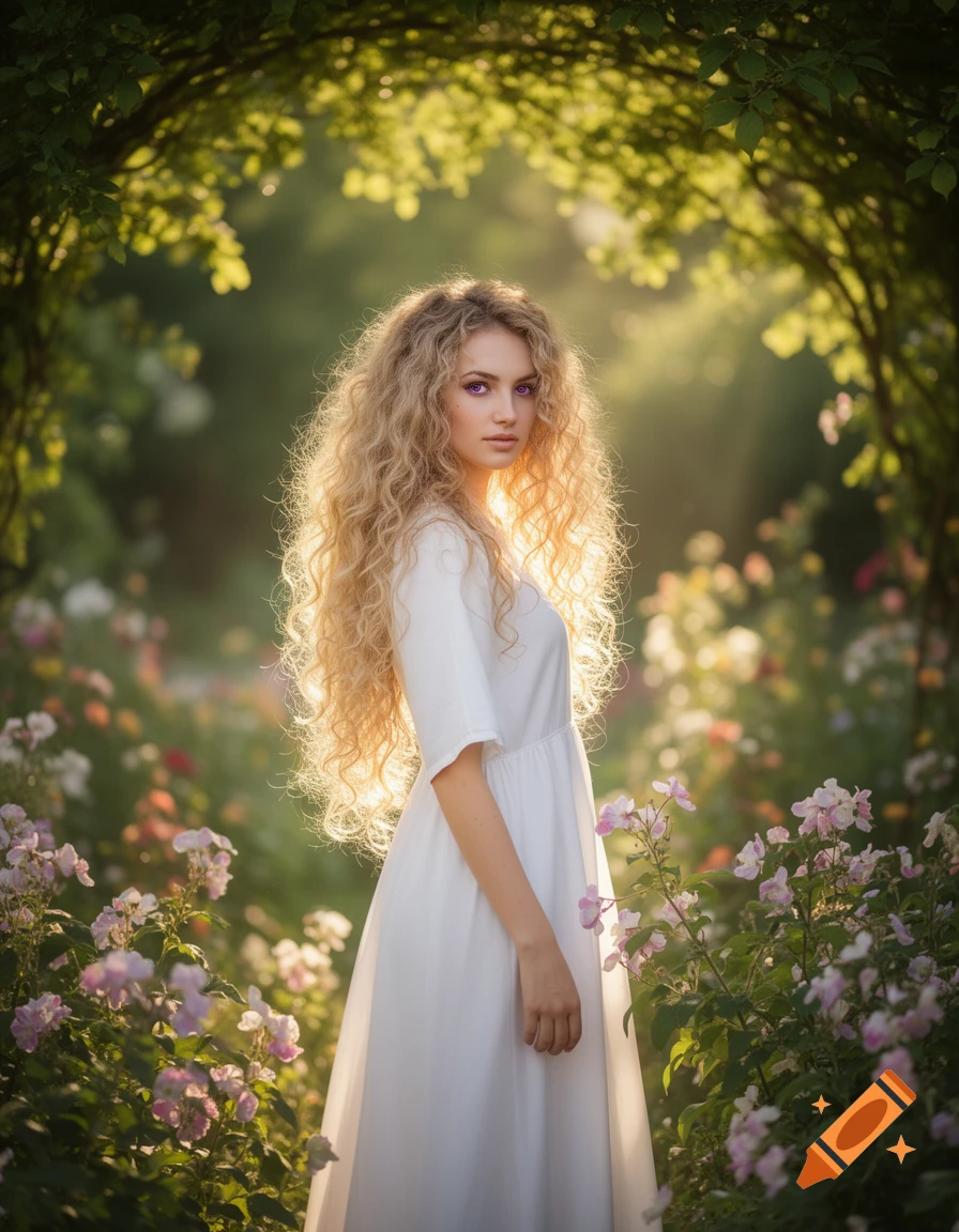 Young woman with long curly blonde hair and violet eyes, in a white dress, stands in a sunlit garden with pink flowers.