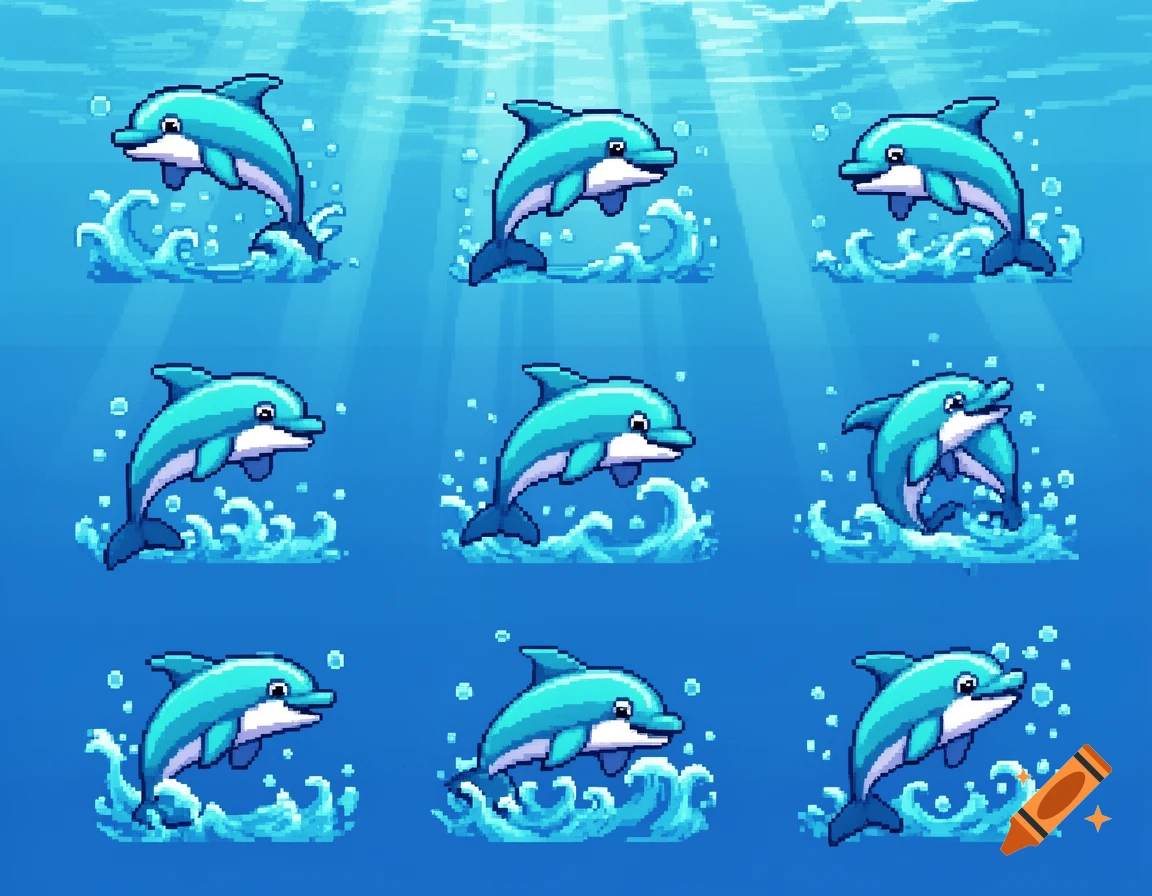 A pixel art animation sheet of nine blue dolphins jumping and swimming in bright blue water with sun rays.