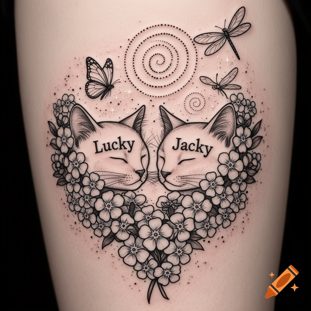 Black ink tattoo design with two cat heads forming a heart surrounded by forget-me-not flowers, featuring the names 'Lucky' and 'Jacky', butterflies, dragonflies, and dotted spirals.
