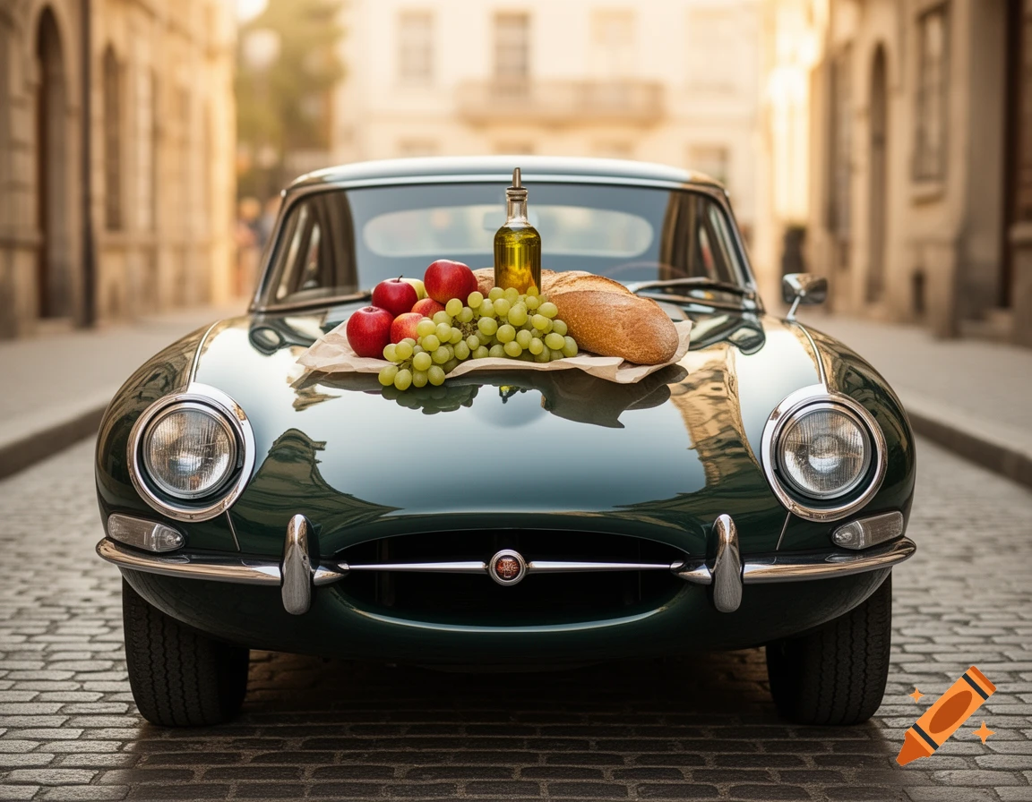 A green classic Jaguar XKE car with red apples, green grapes, bread, and an olive oil bottle on its hood, on a cobblestone street.