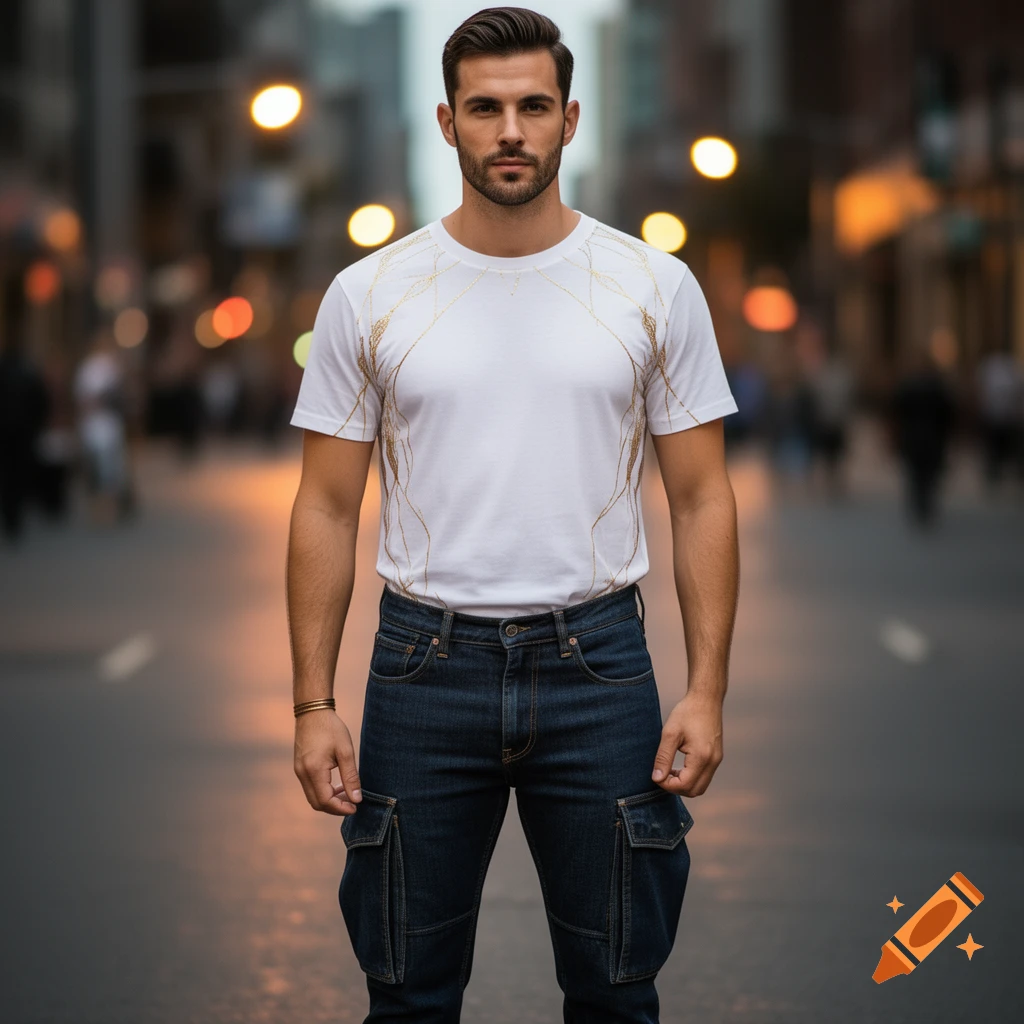 A photorealistic image of a man in a white t-shirt with gold patterns and dark blue cargo jeans, standing in a blurred city street at dusk.