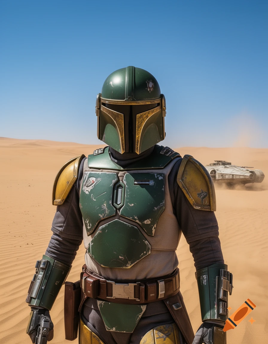 A Mandalorian warrior in green and gold armor stands in a desert under a clear blue sky, with a spaceship in the distance.
