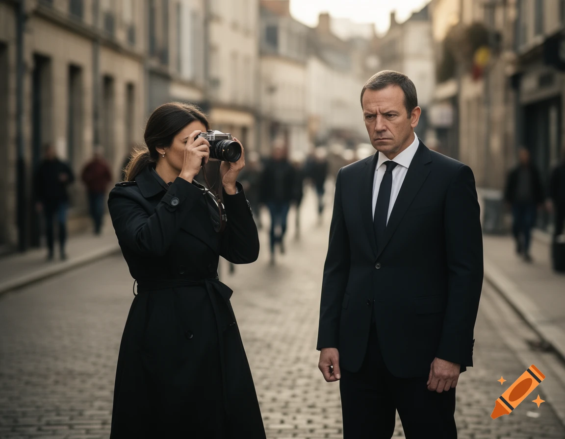A woman in a black trench coat photographs a serious man in a suit on a cobblestone street in an old European town.