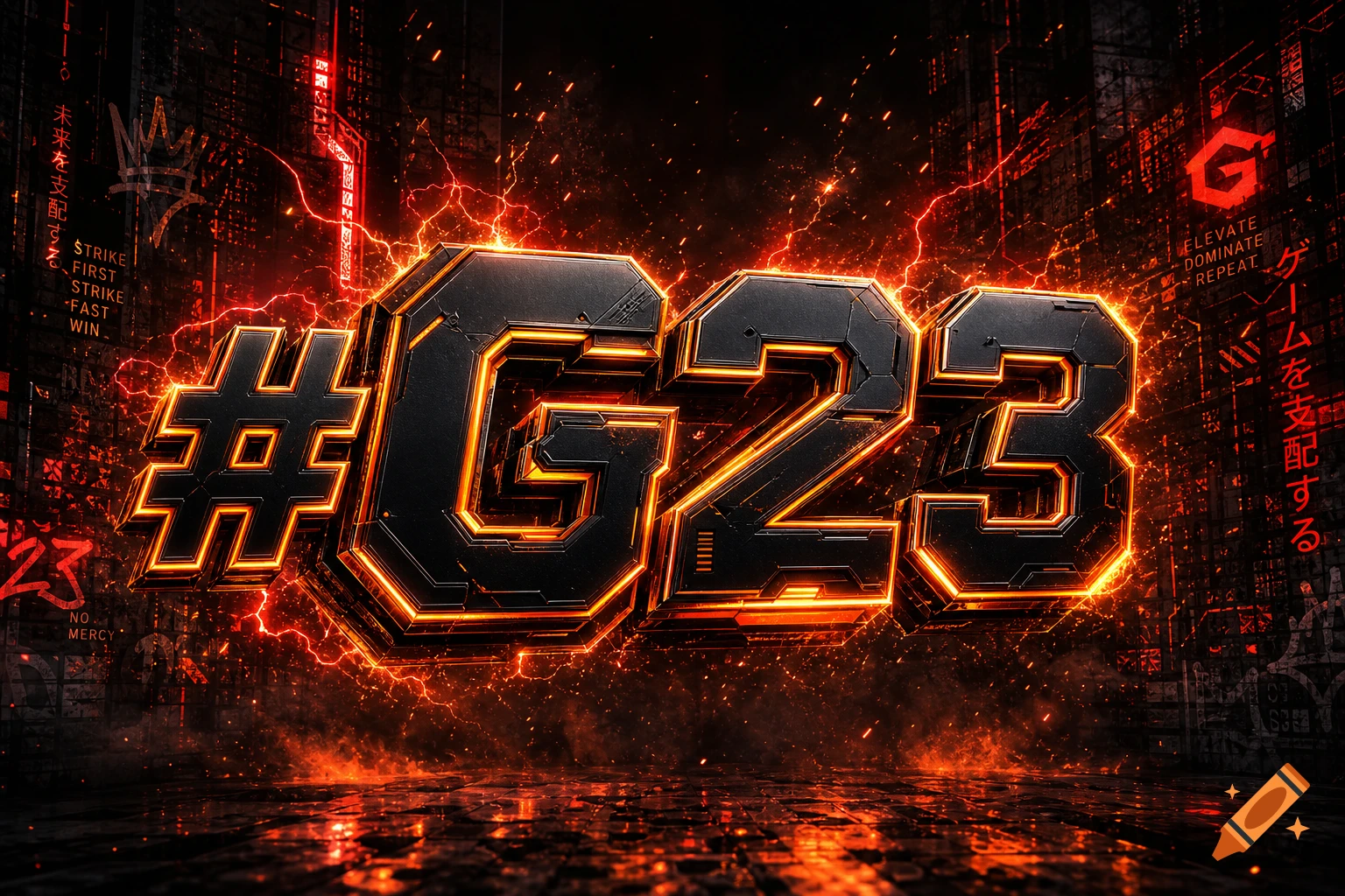 Aggressive futuristic esports logo featuring glowing orange metallic text "#G23" surrounded by red lightning, sparks, and smoke on a dark, circuit-like background.