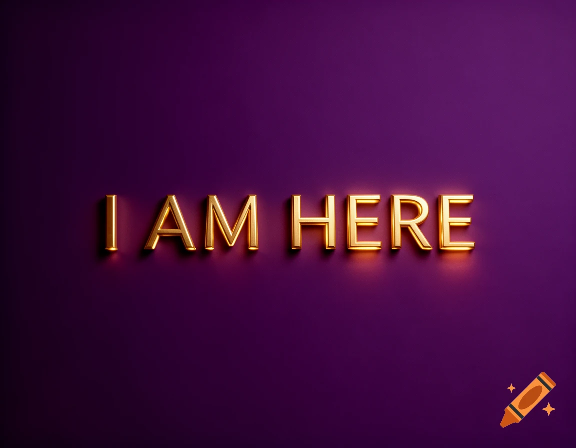 Gold letters spelling 'I AM HERE' with a warm glow on a deep purple background.