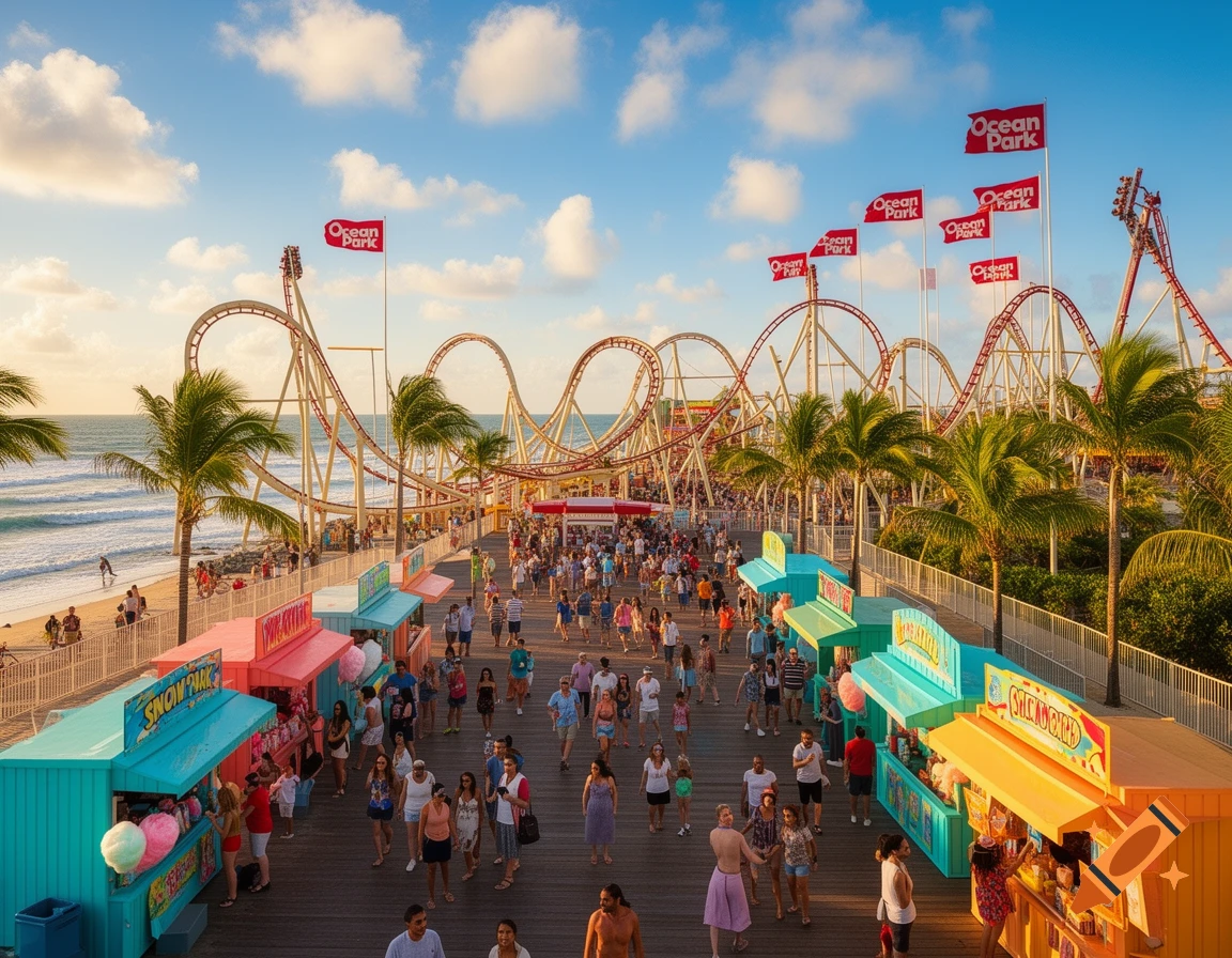 A bustling boardwalk at Ocean Park with colorful food stalls, people, and roller coasters next to a sunny beach.