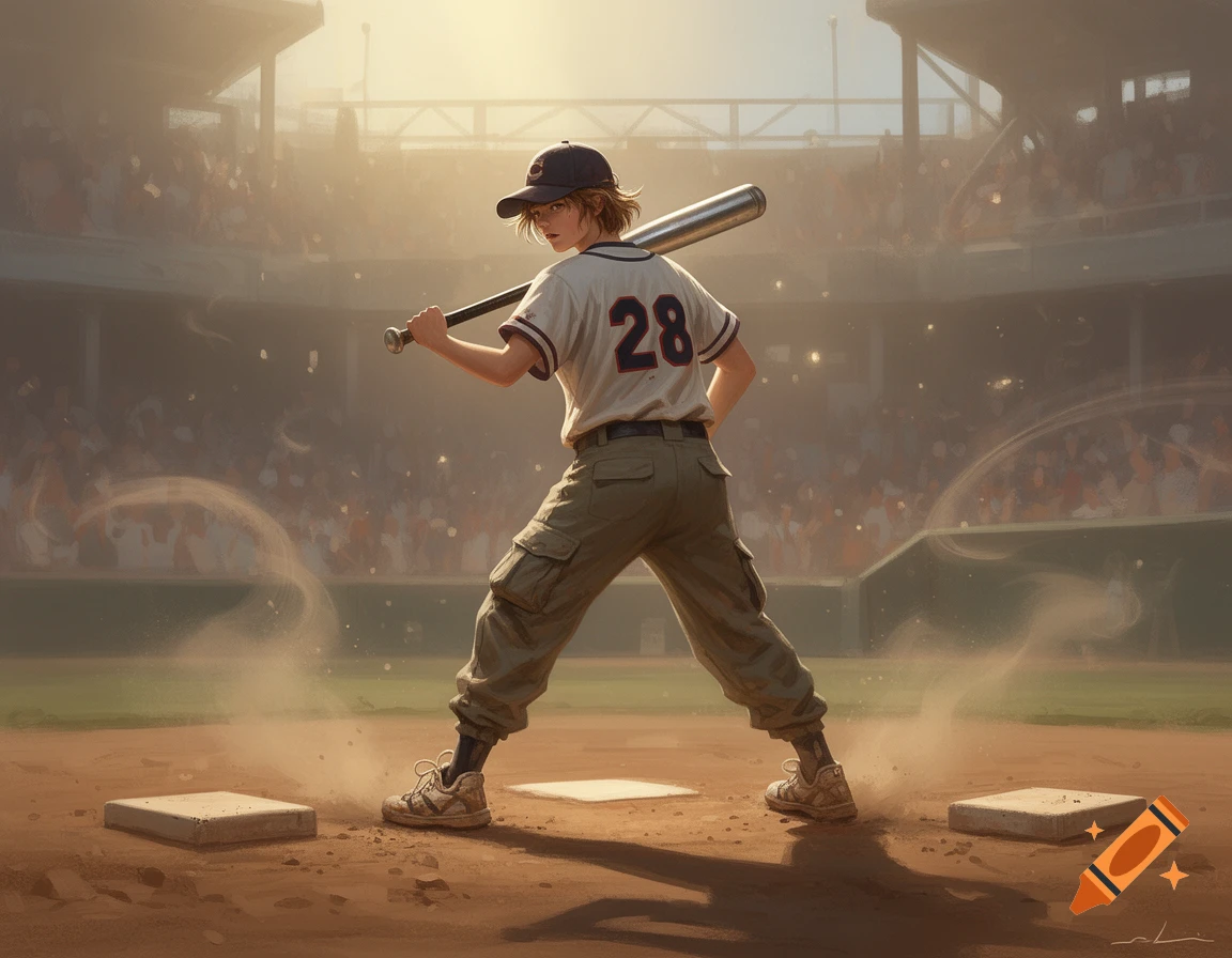 Illustrated baseball player, number 28, standing at home plate in a sunlit stadium, bat over shoulder.