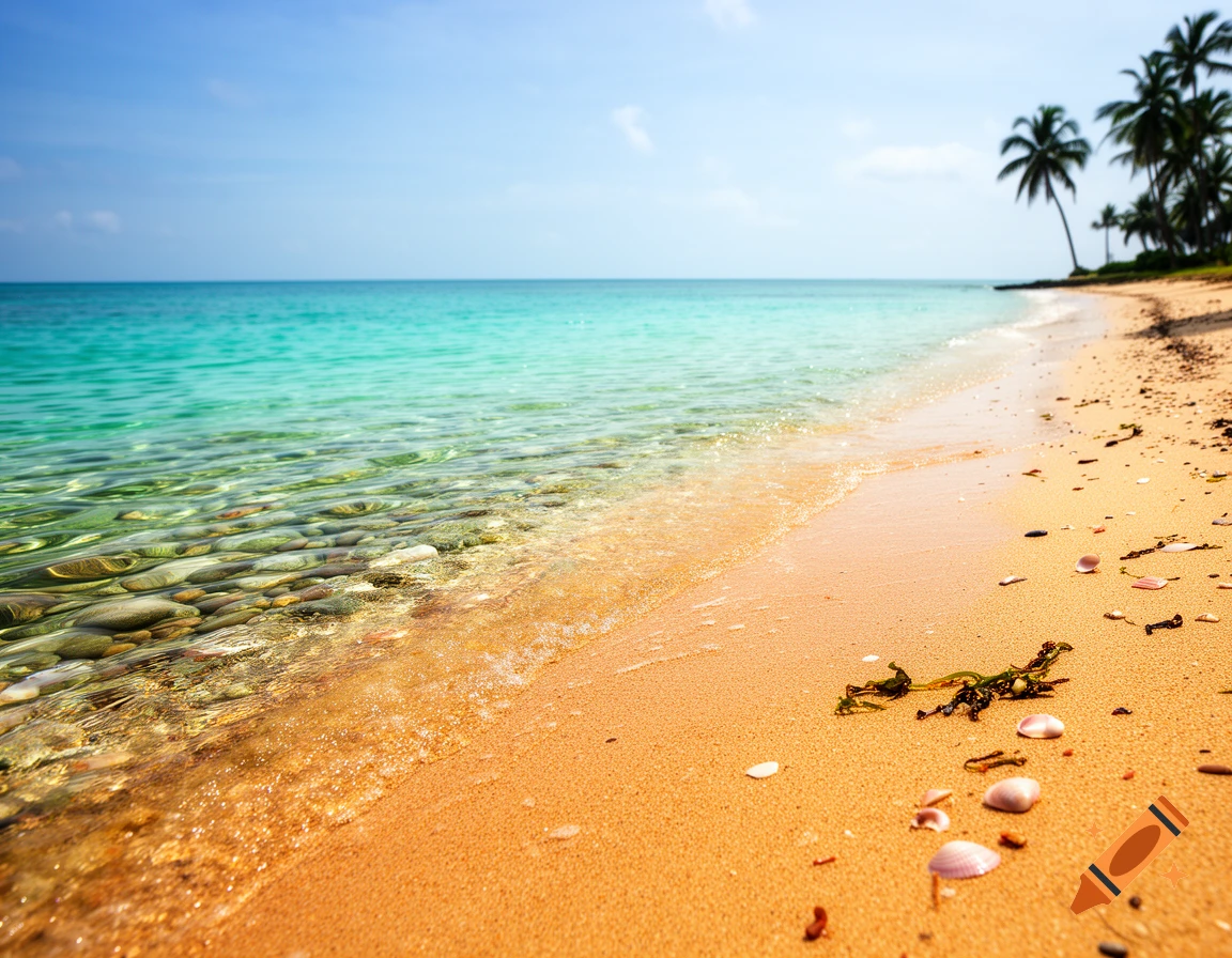 Tropical beach with clear turquoise water, golden sand, scattered seashells, and distant palm trees under a blue sky.