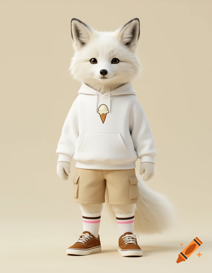 A furry arctic fox anthro character wearing a white hoodie with an ice cream cone logo, tan shorts, striped socks, and brown sneakers, on a solid background in digital art style.