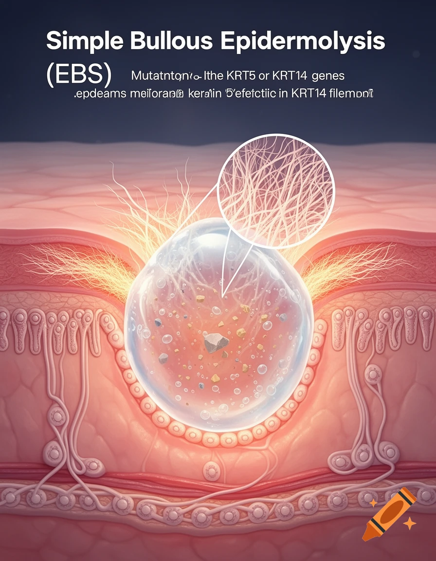 Medical illustration of simple bullous epidermolysis, showing a blister within skin layers with magnified keratin fibers.