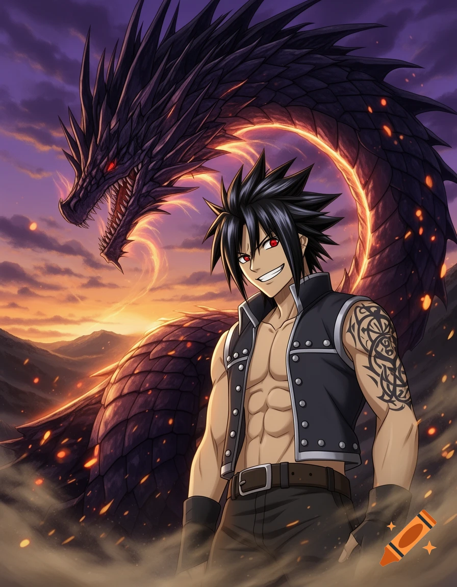 An anime character with black spiky hair, red eyes, and a tattoo, smiling in front of a large black dragon at sunset.