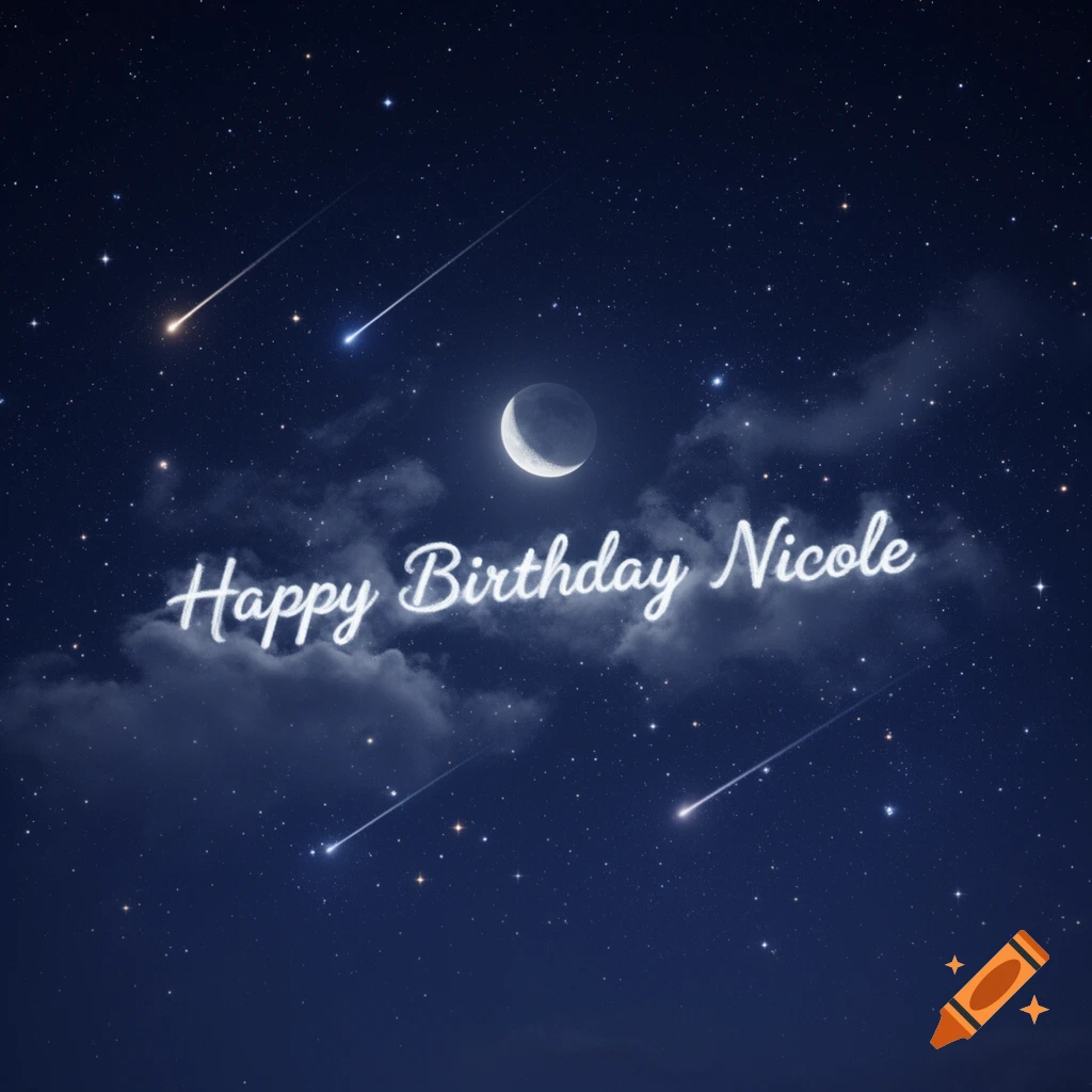 "Happy Birthday Nicole" in glowing cloud letters against a dark starry night sky with a crescent moon and shooting stars.