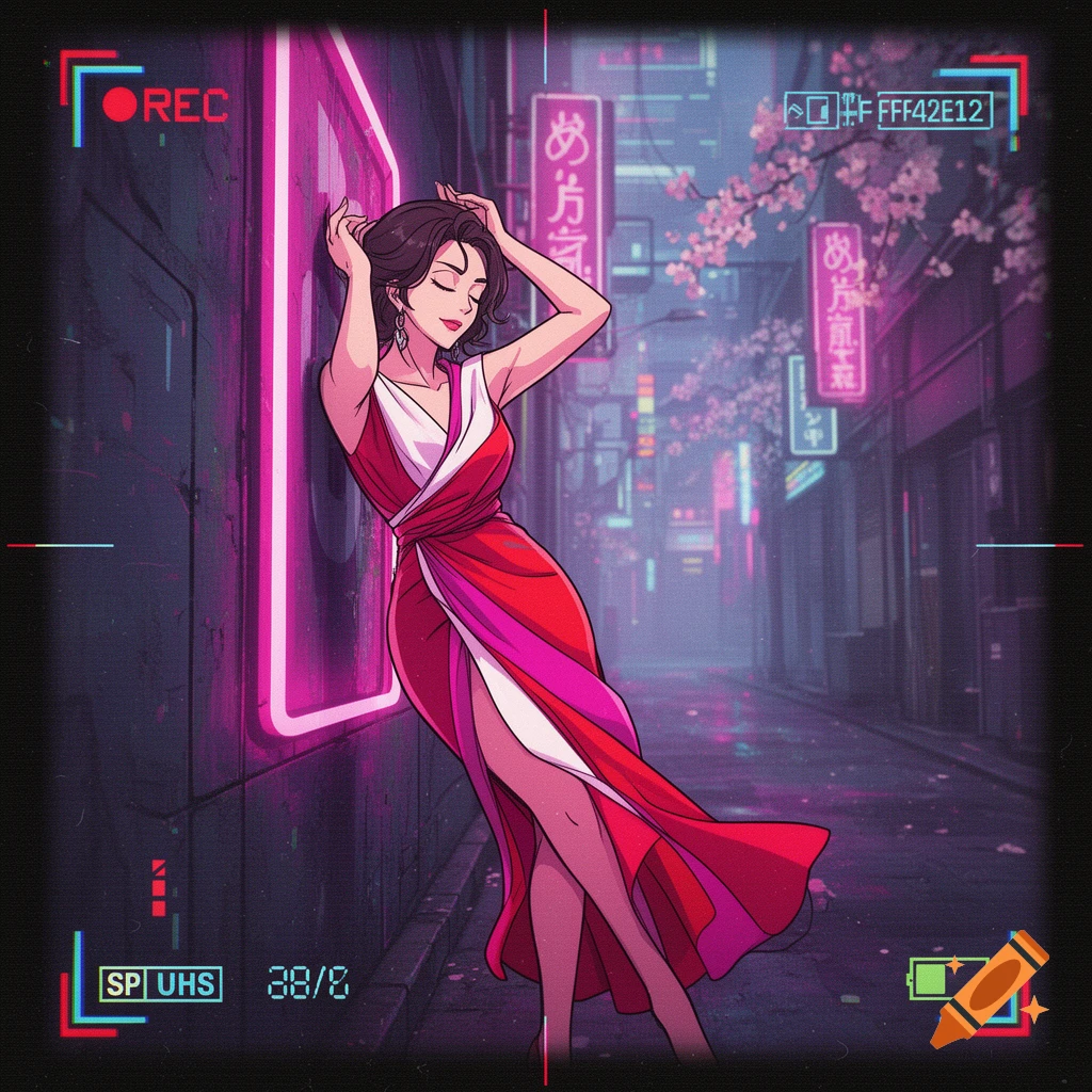 An anime woman in a red dress with a slit, hands behind her head, leaning against a neon-lit wall in a cyberpunk alley. VHS overlay graphics are visible.