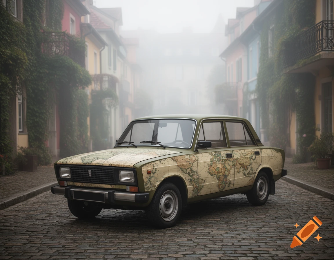 A vintage olive green car, wrapped in an old world map, sits on a cobblestone street in a foggy town with ivy-covered buildings.