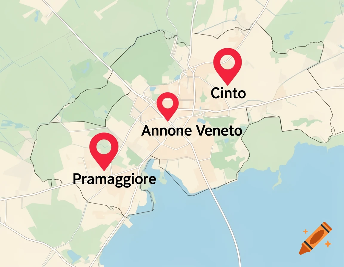 A map showing the municipalities of Annone Veneto, Cinto, and Pramaggiore in Italy, marked with red location pins.