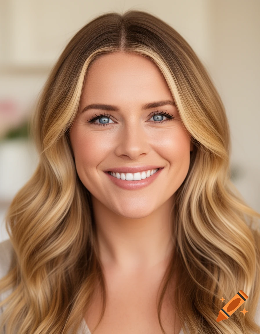Photorealistic headshot of a smiling woman with blonde hair and blue eyes.
