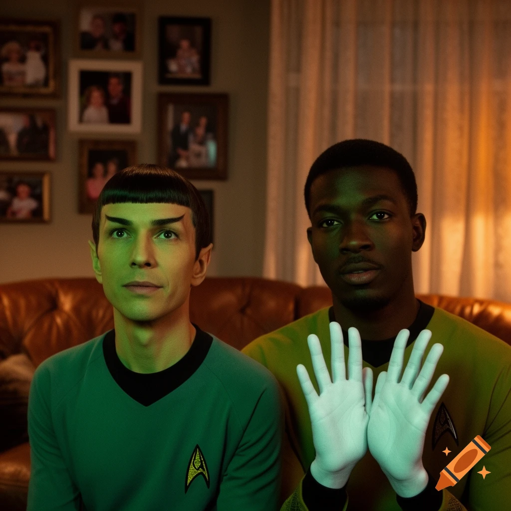 Two men on a couch in Star Trek-like uniforms, one with green skin and pointed ears, the other with strikingly pale palms.