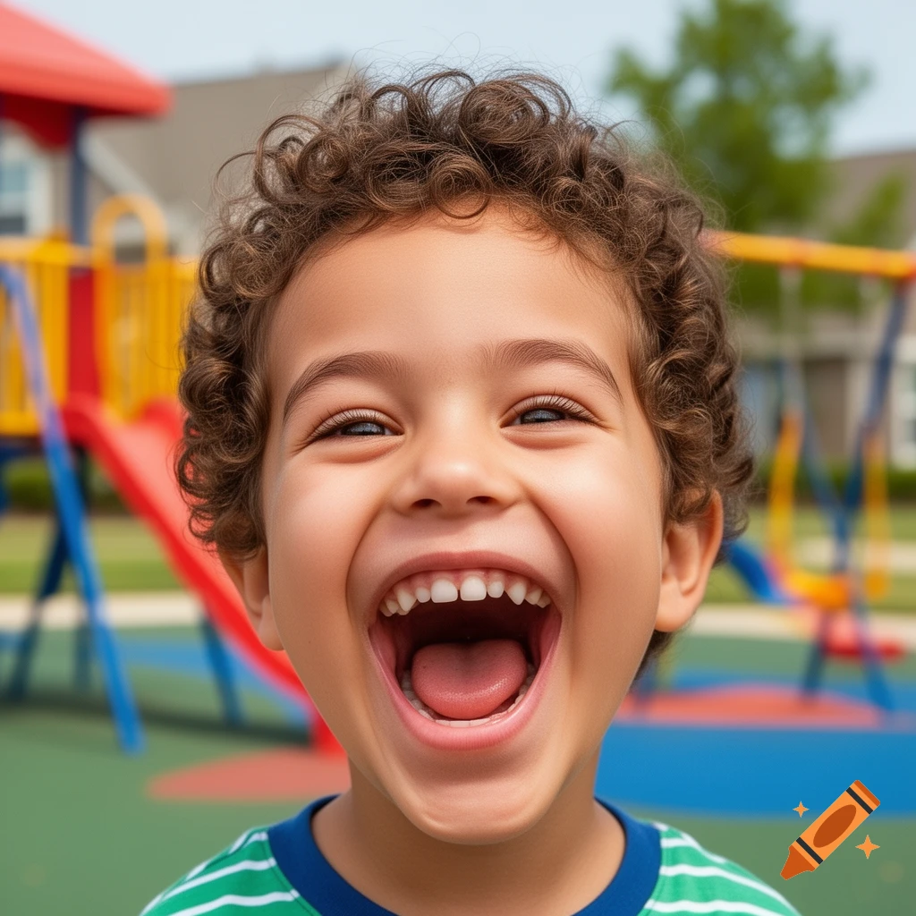 A happy young child with curly brown hair, wearing a striped shirt, laughing exuberantly at a playground.