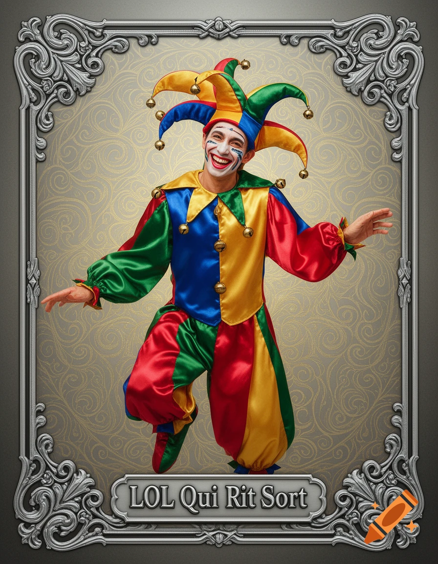 A smiling jester in a vibrant, multi-colored costume with bells, within an ornate silver frame, with 'LOL Qui Rit Sort' text.