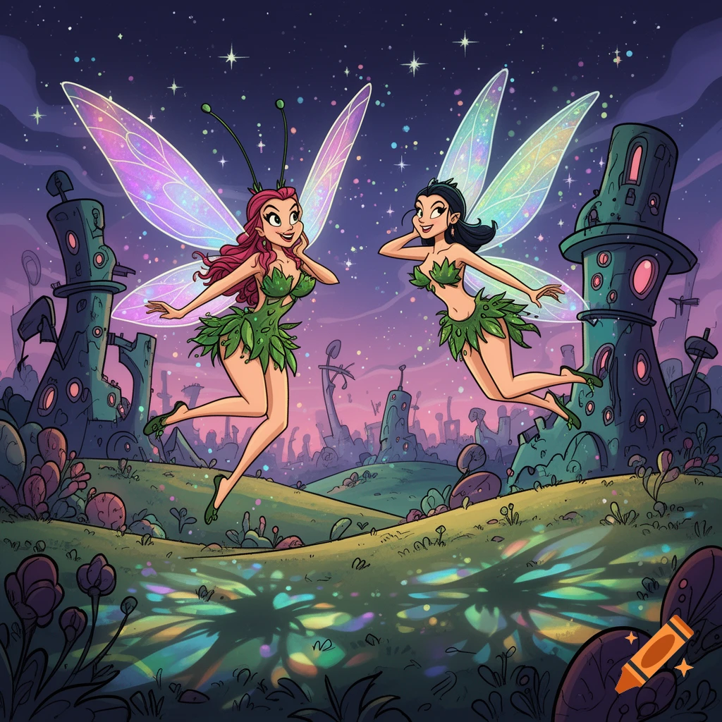 Two cartoon fairies in leaf outfits and colorful wings fly over a vibrant, alien landscape with futuristic structures under a starry night.