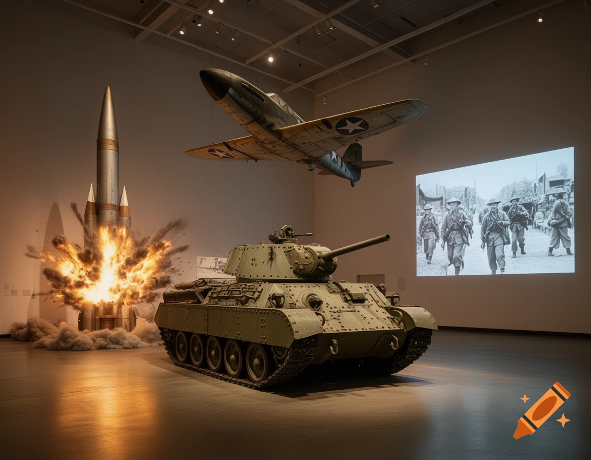 A detailed museum exhibit featuring a green tank, a suspended airplane, a missile with a stylized explosion, and a projected black-and-white image of soldiers.