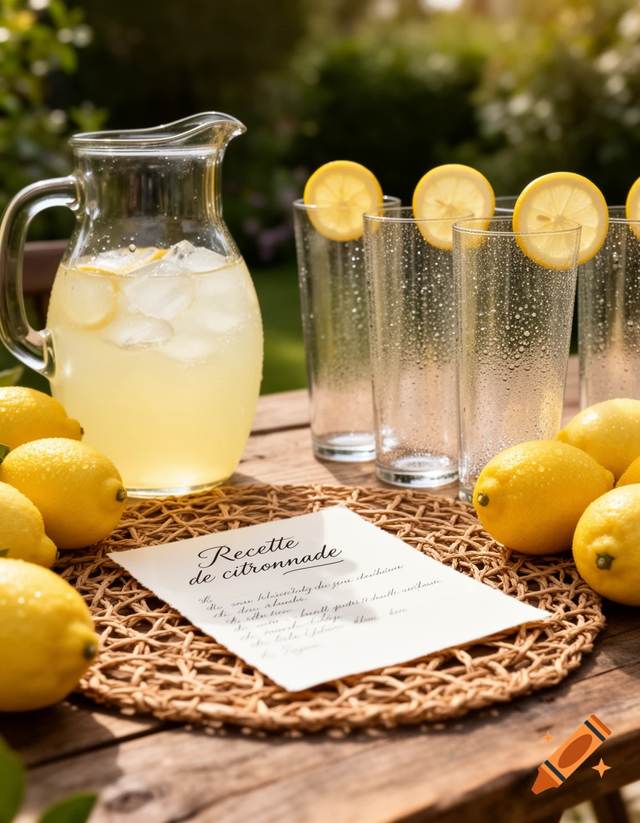 A pitcher of lemonade with ice and lemon slices, empty glasses, and fresh lemons on a rustic wooden table with a recipe card in a sunny outdoor setting.