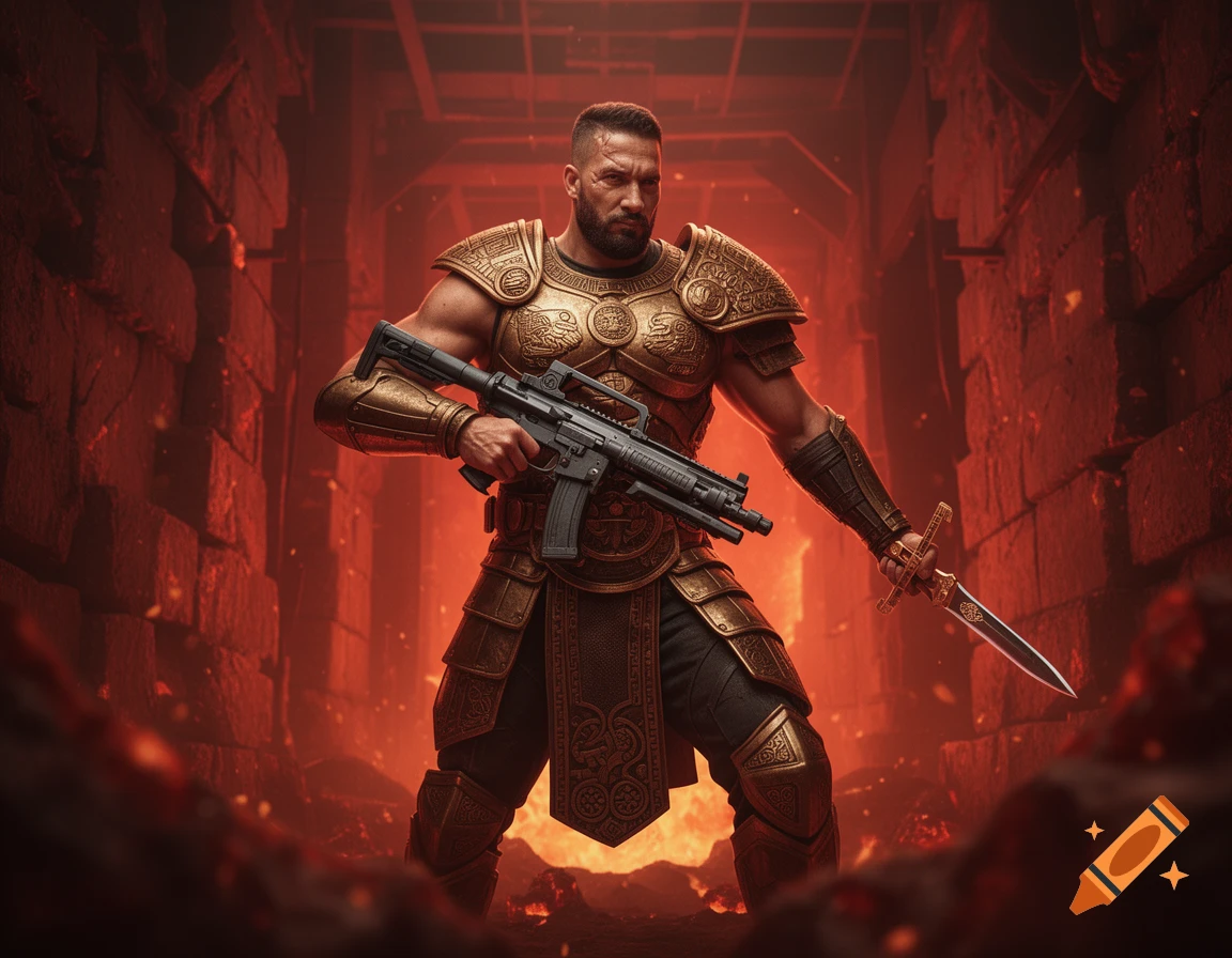 A detailed warrior in golden engraved armor stands in a fiery industrial furnace, holding an SMG and a dagger.