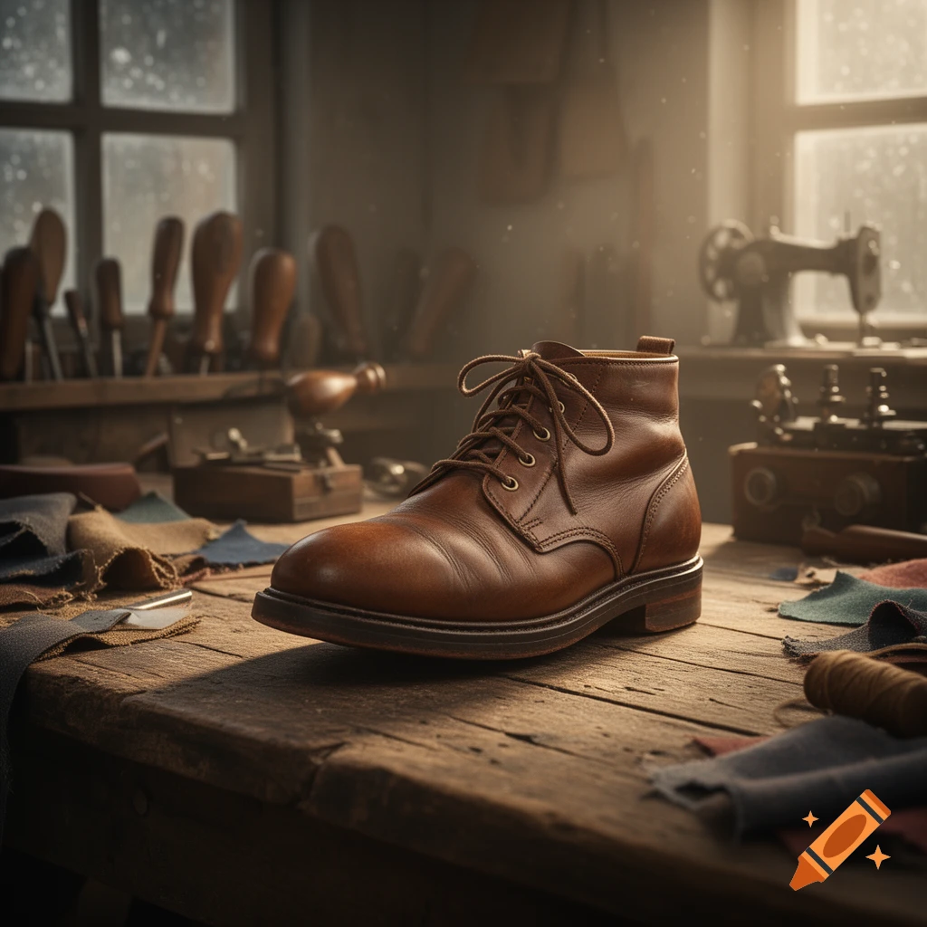A single brown leather work boot sits on a rustic wooden workbench in a dimly lit cobbler's workshop, surrounded by tools and fabric scraps.