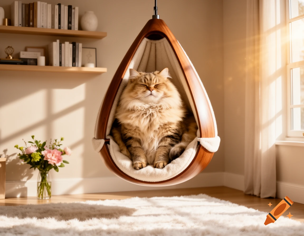 A fluffy cat naps comfortably in a hanging wooden pod chair in a sunny, cozy room with bookshelves and a vase of flowers.