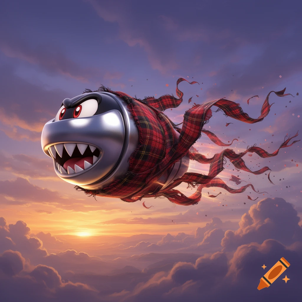 An angry, metallic Bullet Bill character wrapped in a tattered red plaid scarf flies through a cloudy sunset sky.