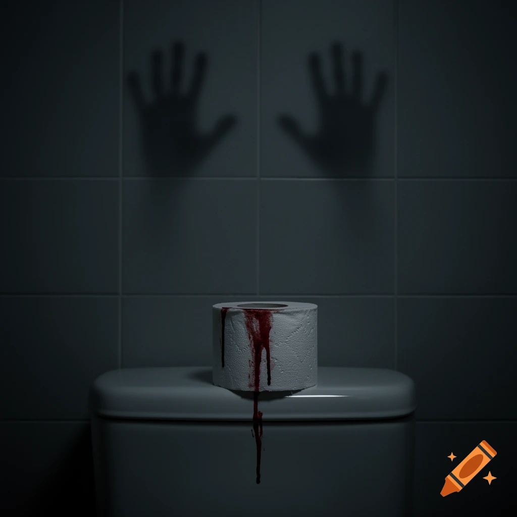 A roll of toilet paper covered in dripping blood on a toilet tank in a dim, tiled bathroom, with shadowy handprints on the wall above.