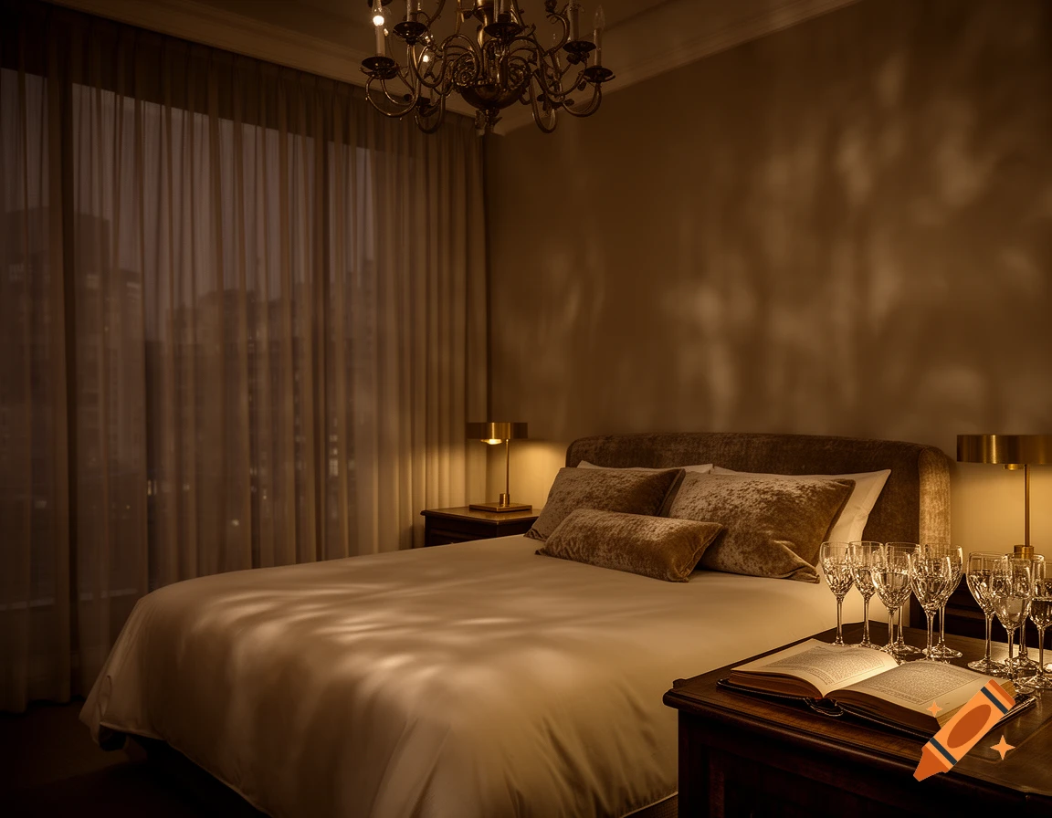 A dimly lit bedroom with a large bed, elegant chandelier, nightstands with lamps, an open book, and wine glasses.