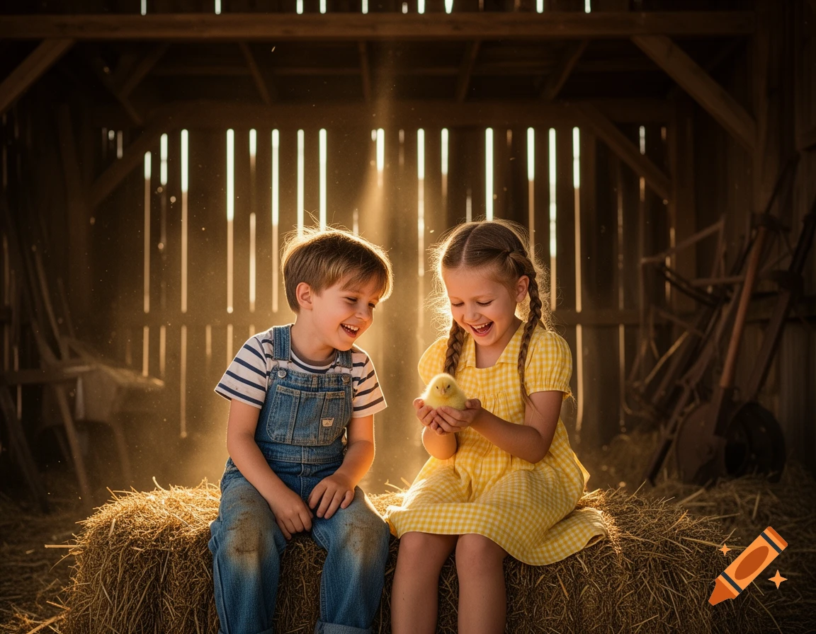A young boy and girl laughing on hay bales in a sunlit barn, the girl gently holding a small yellow chick.