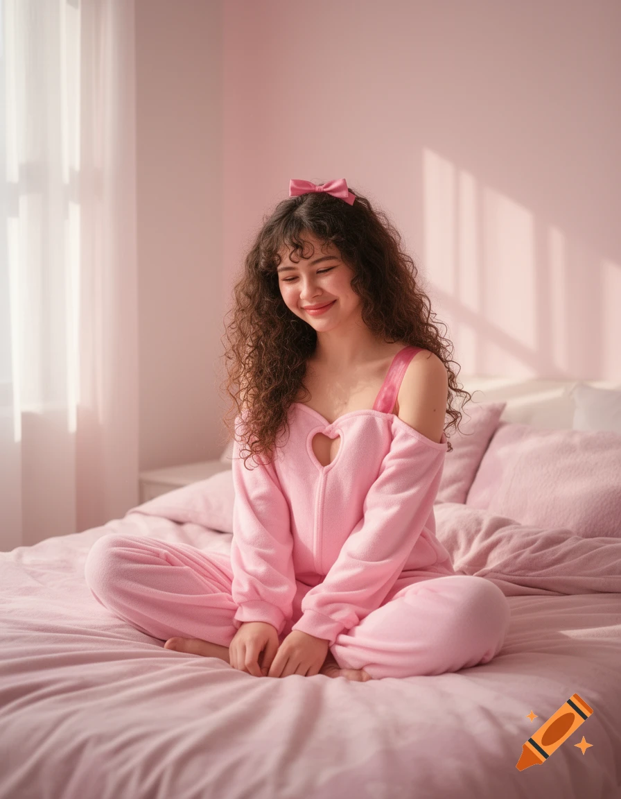 Smiling young woman with curly hair and a pink bow sits on her pink bed, wearing a pink off-shoulder onesie with a heart cutout.
