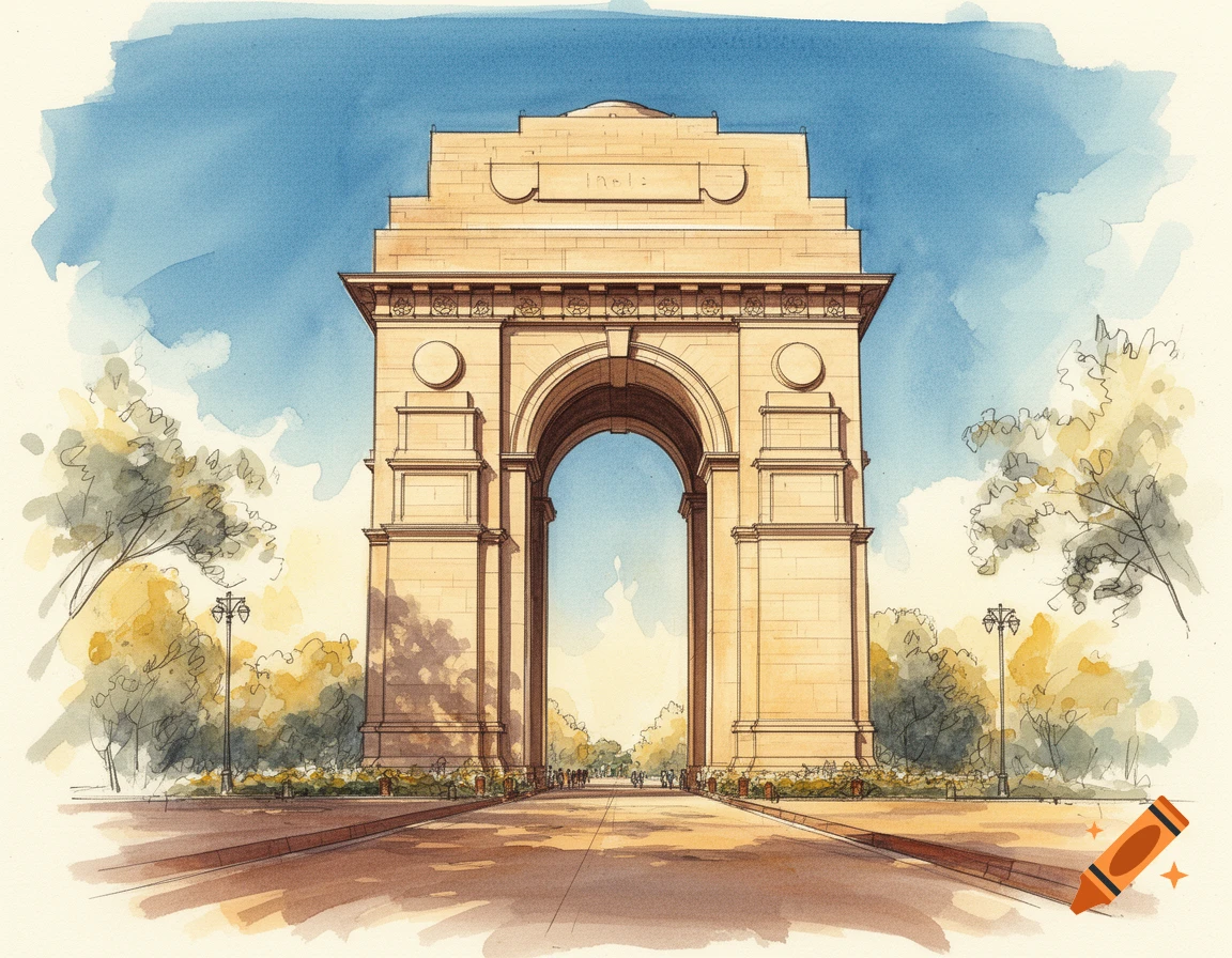 A watercolor sketch of India Gate, a grand archway monument, under a bright blue sky with sparse clouds, surrounded by green trees and a wide road leading to its base.
