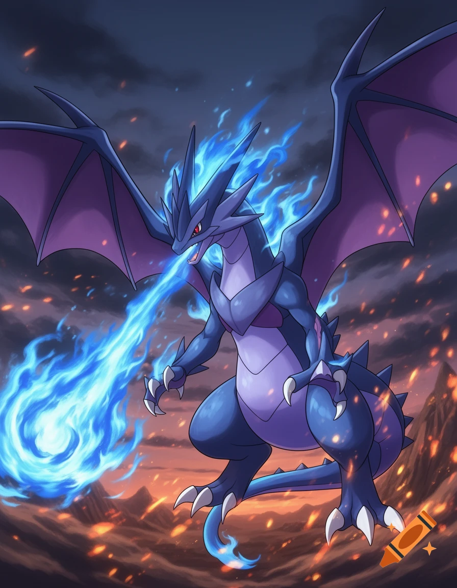 A blue and purple dragon-like creature with large wings and sharp claws breathes blue fire over a fiery, dark landscape in an anime style.