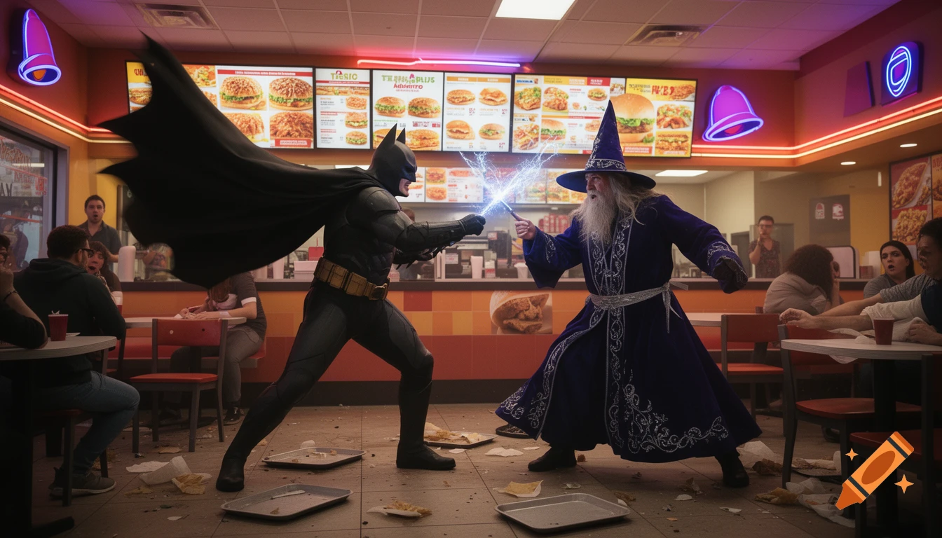 Batman in a dark suit and cape fights a wizard in a blue robe, wielding glowing staffs in a chaotic fast-food restaurant with debris on the floor.