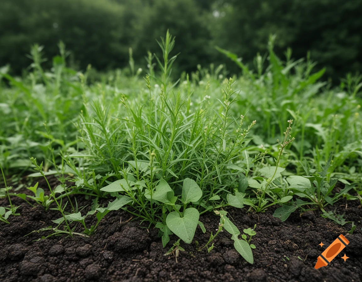 A low-angle, close-up view of various green weeds growing in dark soil, with more blurred green foliage in the background.
