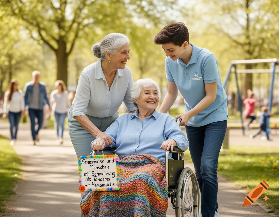 An elderly woman in a wheelchair smiles as two other women, a younger caregiver and an older companion, push her along a park path. The woman in the wheelchair holds a sign.